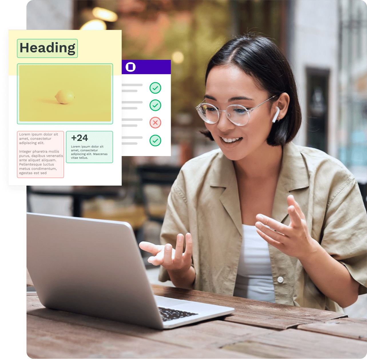 A person wearing glasses and wireless earbuds sits at a wooden table using a laptop, smiling and gesturing with their hands as if in an online meeting. Overlaid beside them is a stylized user interface with a “Heading,” a thumbnail image, text blocks, a “+24” metric, and a checklist with green checkmarks and one red cross, suggesting a dashboard or design workflow.
