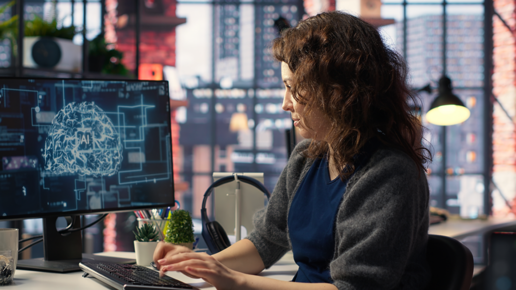 Woman working with AI on a computer
